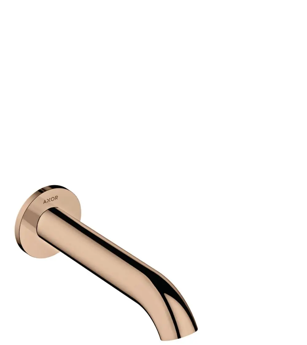 Eine gebogene Wandmontagearmatur in Polished Red Gold von AXOR, die an einer Wand angebracht ist und einen eleganten Wasserfluss ermöglicht.